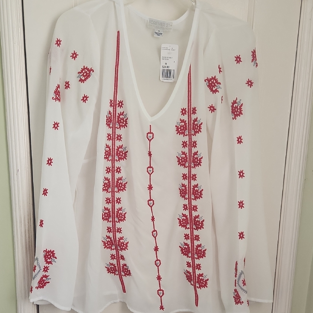 NWT, Forever 21 Sheer White Blouse with Red Embroidery